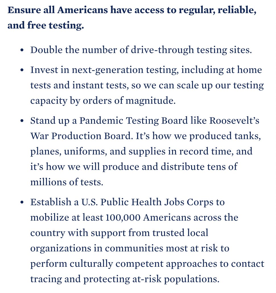 4/x Getting a variety of testing, at massive scale, for FREE is of course necessary and good—as is nationalizing contact tracing. Interesting they are creating a Pandemic Testing Board in the mold of FDR's War Production Board but good they're not using war language this time.