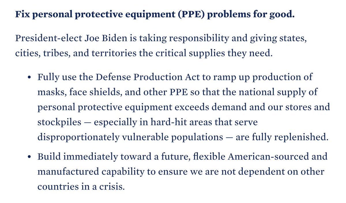 5/x The PPE plan is solid & long overdue. It references "American sources" without being unduly jingoistic or nationalistic. (Again, the Defense Production Act is evoked w/o much militarism beyond the name.)