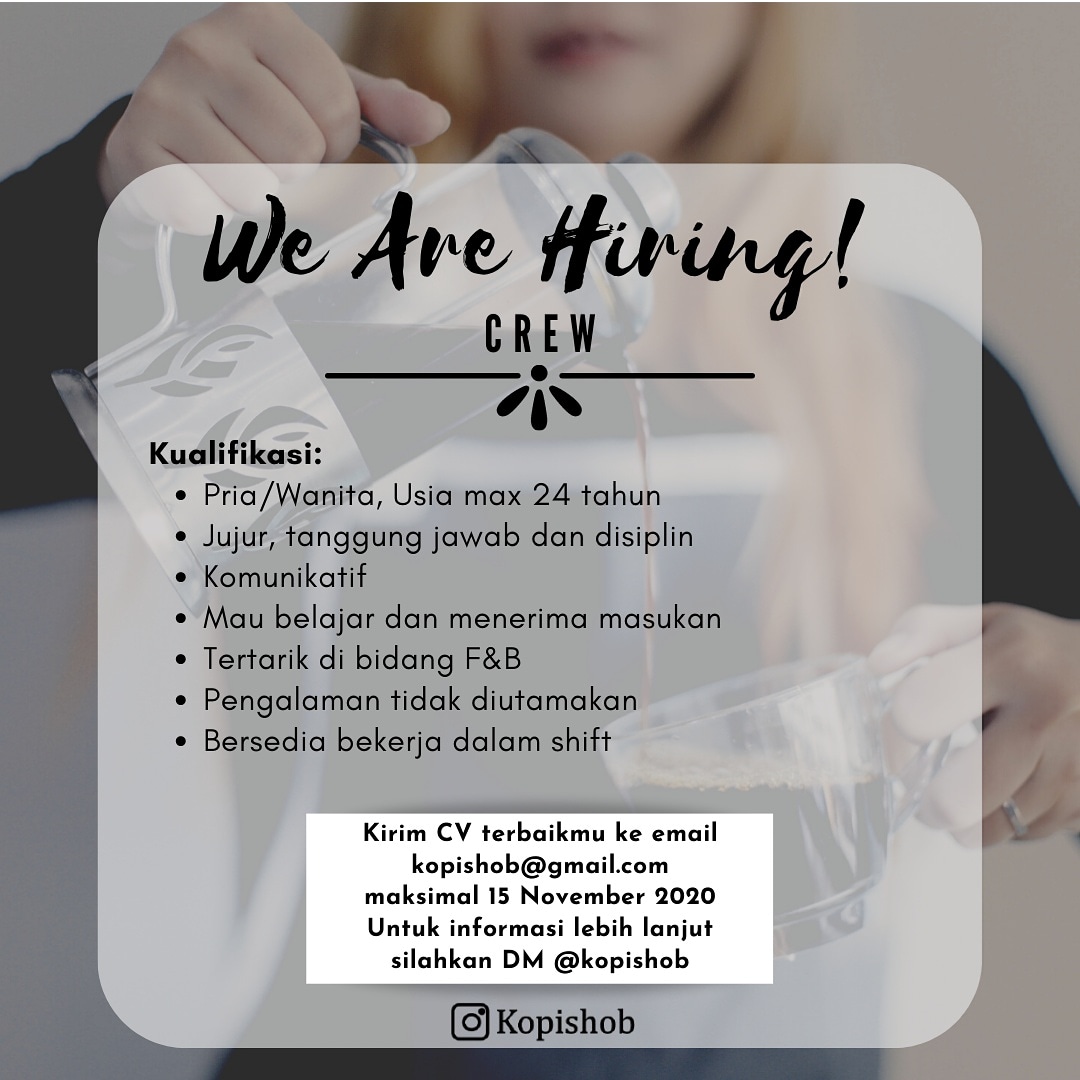 kopishob's tweet photo. Hai Shobat Kopi!
Kopishob lagi cari keluarga baru nih!
Bagi kalian yg tertarik dan ingin bergabung dengan kami silahkan kirim CV terbaik kalian ke email

kopishob@gmail.com

Ditunggu sampai tanggal 15 November 2020 yaa.
DM @kopishob kalau ada yg ingin ditanyain.

#lokermojokerto https://t.co/OxmKjfrUzS