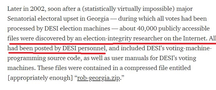 Imagine that.This isn't Georgia's first rodeo when it comes to "statistically" impossible Senate races. In 2002, election software from DESI was linked to 40,000 suspect files after a nearly 'statistically impossible' upset. 1/3 https://medium.com/@DeepDemos/our-choice-election-theft-tyranny-or-healthy-democracy-part-1-of-2-5edb690e180f