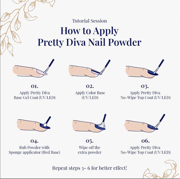 PrettyD77216526's tweet photo. How to apply #PrettyDiva Nail Powder
1. Apply Pretty Diva Base Gel Coat (UV/LED)
2. Apply Color Base (UV/LED)
3. Apply Pretty Diva No-Wipe Top Coat (UV/LED)
4. Rub Powder with Sponge applicator (Red Base)
5. Wipe off the extra powder
6. Apply Pretty Diva No-Wipe Top Coat
. https://t.co/Av2SSwYNDV