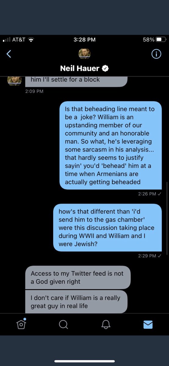 YvesSaintLevon's tweet photo. At a time when Armenians are getting beheaded for $100, journalist @NeilPHauer used such sentiment of wanting to behead Armenian @Bairamian for William’s remarks and criticism about his reporting. @SaroPaparian called him out on such sentiment, and got blocked 1/ https://t.co/vERMxCmeE3