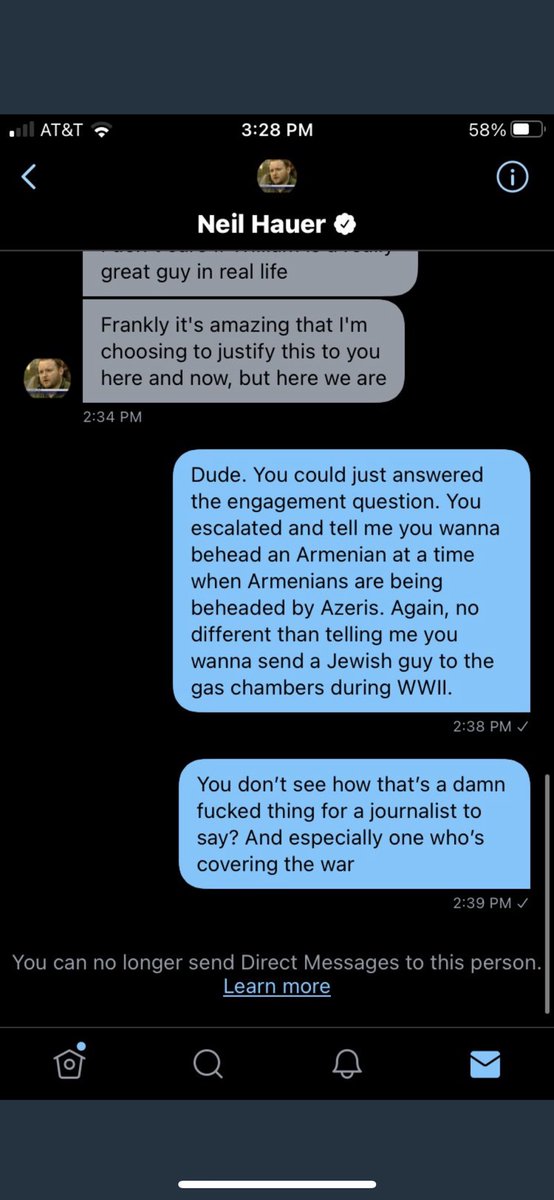 YvesSaintLevon's tweet photo. At a time when Armenians are getting beheaded for $100, journalist @NeilPHauer used such sentiment of wanting to behead Armenian @Bairamian for William’s remarks and criticism about his reporting. @SaroPaparian called him out on such sentiment, and got blocked 1/ https://t.co/vERMxCmeE3