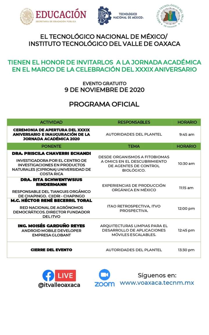 AD presentes en la #JornadaAcadémicaenelmarcodelXXXIXAniversario del <a href="/ItvoOficial/">TecNM campus Valle de Oaxaca</a> espero nos acompañen ⬇️ m.facebook.com/story.php?stor…
⬇️
youtube.com/channel/UCWy-G…

<a href="/AgronomosP/">Agrónomos Democráticos   A.C. San  Luis Potosí</a> <a href="/agronomosdemoc1/">agronomosdemocraticosNL</a> <a href="/ANECMEXICO/">ANEC, A.C.</a> <a href="/victor_suarez/">Víctor Suárez 🇲🇽🇵🇸</a> <a href="/PlandeAyalaSXXI/">Movimiento Campesino</a> #agrónomos