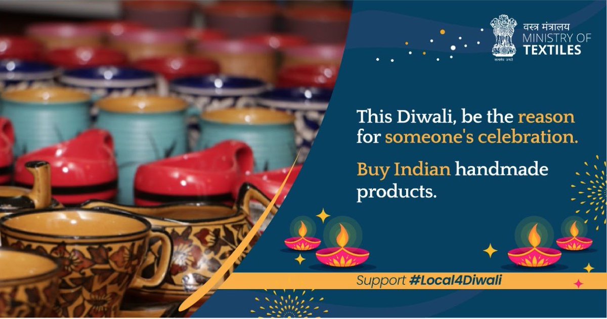 BJP4India's tweet photo. PM Shri @narendramodi has given a clarion call to promote local products and be vocal for them. 

This Diwali, let’s support our craftsmen, artisans and local businesses and be the reason for their celebration. Buy local handmade products. #Local4Diwali https://t.co/N7fikY6THW