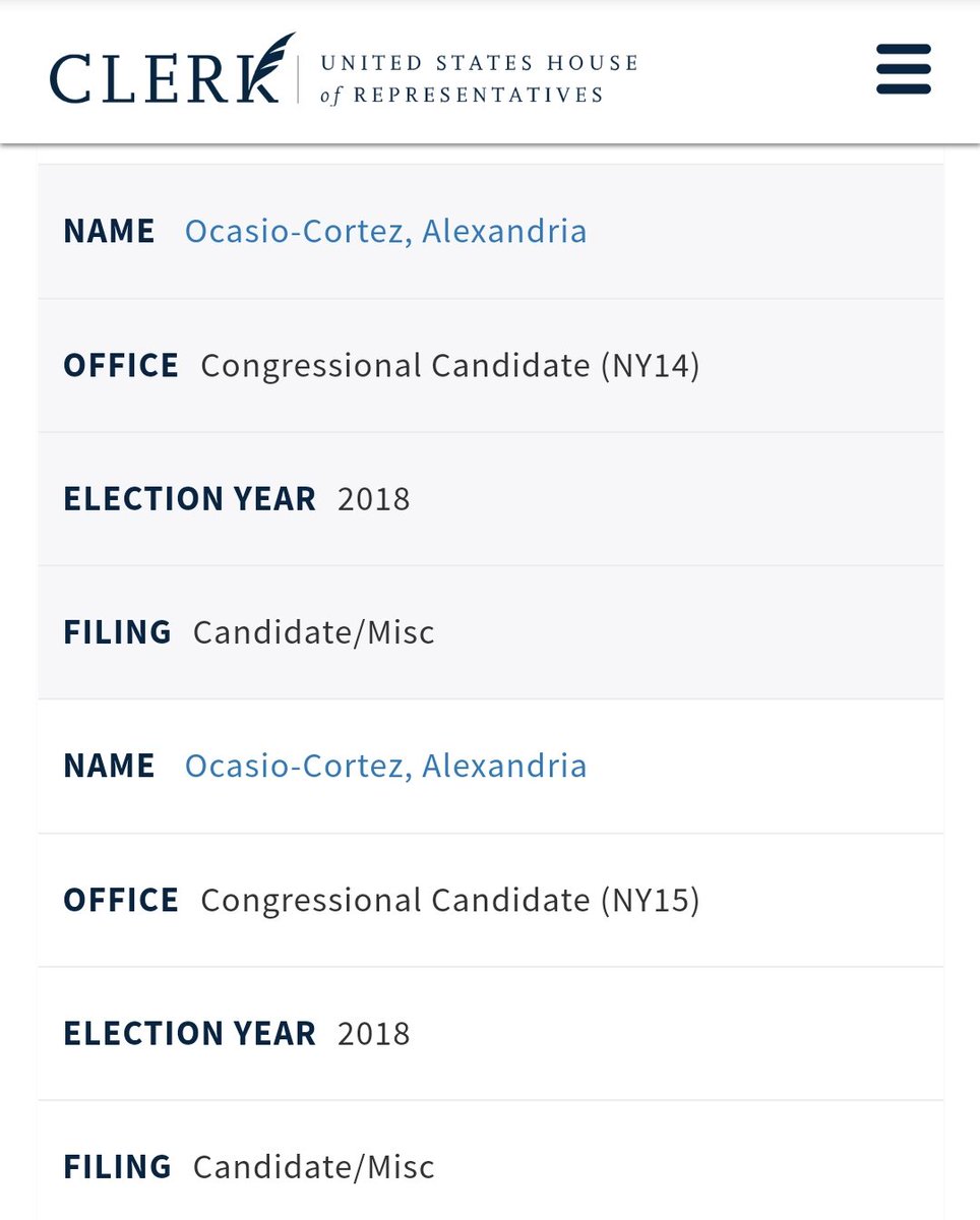 What do hers tell us?Well, when AOC initially filed to run for Congress, she filed in NY-15! She amended it 10 days later to run in NY-14.BUT!She filed financial disclosures forms in BOTH districts...on 4/30/18!Even though she changed her candidacy to NY-14 a year earlier