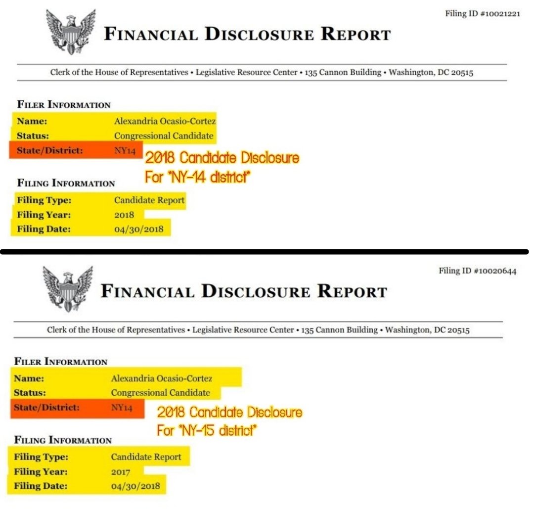 What do hers tell us?Well, when AOC initially filed to run for Congress, she filed in NY-15! She amended it 10 days later to run in NY-14.BUT!She filed financial disclosures forms in BOTH districts...on 4/30/18!Even though she changed her candidacy to NY-14 a year earlier