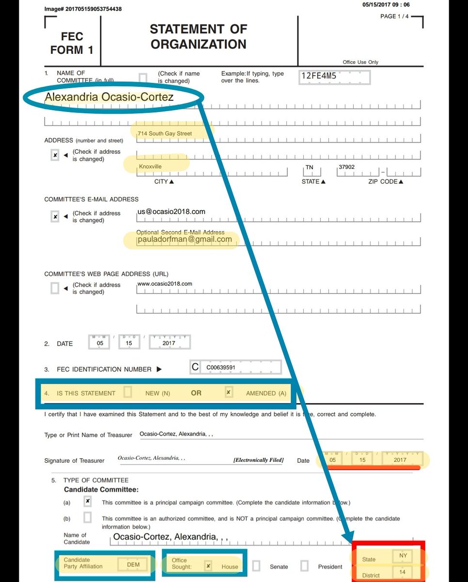 What do hers tell us?Well, when AOC initially filed to run for Congress, she filed in NY-15! She amended it 10 days later to run in NY-14.BUT!She filed financial disclosures forms in BOTH districts...on 4/30/18!Even though she changed her candidacy to NY-14 a year earlier
