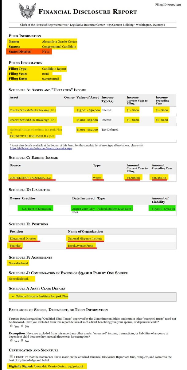 But that's not the only difference.These Candidate Disclosures were both submitted on the same day, 4/30/18:- The "2017" one was filed under NY-15 - The "2018" one was filed under NY-14These are my guesses as to which "current year" & "previous year" she's referring to.