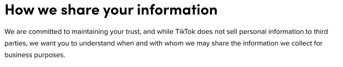 RyanAttard6's tweet photo. @AraizaBailey I'm confused because in there Privacy Policy, they say they don't sell personal data to third-parties?!?!  What is it #TikTok...are you selling it or sharing it?  #MCO335 https://t.co/wZJ1akQ0i4