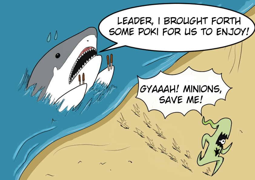 MrDragoon10's tweet photo. Naputaku escaping from his loyal follower, Shark. 

TL: サメ：リーダー、私は私たちが楽しむためにPOKIを持ってきました
ナプターク:  ギャア！誰かが私を救ってください！

#Maguchan #破壊神マグちゃん #マグちゃん #WJ #ナプターク https://t.co/djOKuKQxzq
