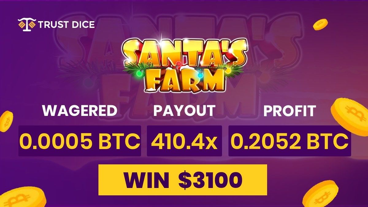 TrustDice's tweet photo. Congratulations! A player "h8nonus" earned $3100 by 1 single spin in Santa's Farm video slots: https://t.co/udmVLerbfm. This is Crazy! 🤑💰🙌 Go ahead, test your luck! 

#bitcoinwin #hugewinnings #trustdicewin https://t.co/07BmfcqoHg