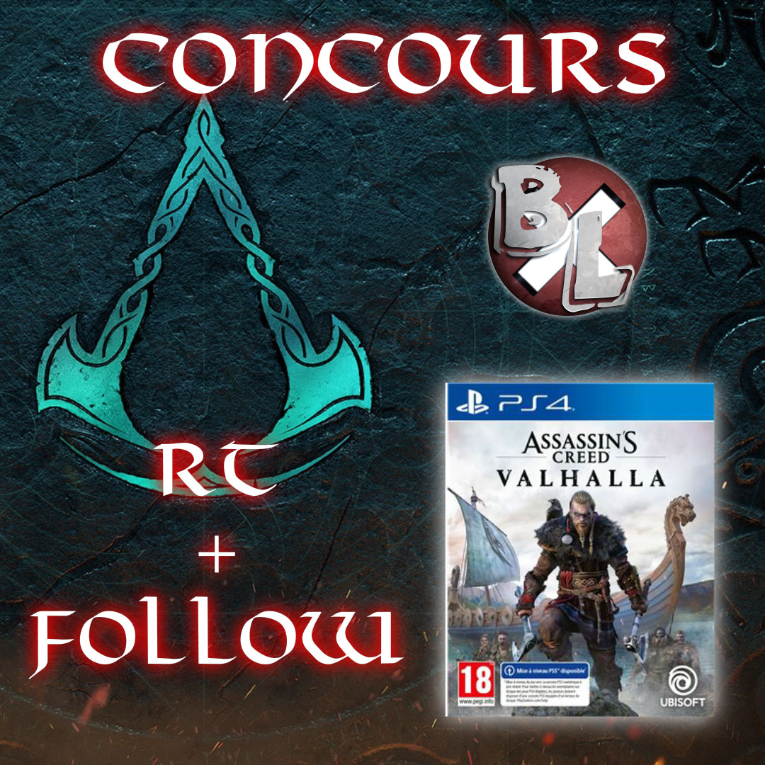 #CONCOURS
A l'occasion de la sortie de mon test je vous offre mon jeu #AssassinsCreedValhalla ps4😁

Pour participer :
➡️ RT ce tweet
               +
➡️ Follow <a href="/BuglandShad/">Bugland</a> 

Tirage le 17/11/2020