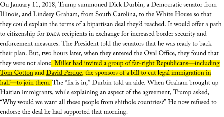 Miller also played his part in killing DACA for border wall compromise bill. This incident also shows how he was taking Trump more and more to the dark side. And keep in mind the names of 2 Senators he brings along. They've retained their seats in 2020 & would block immig bills.