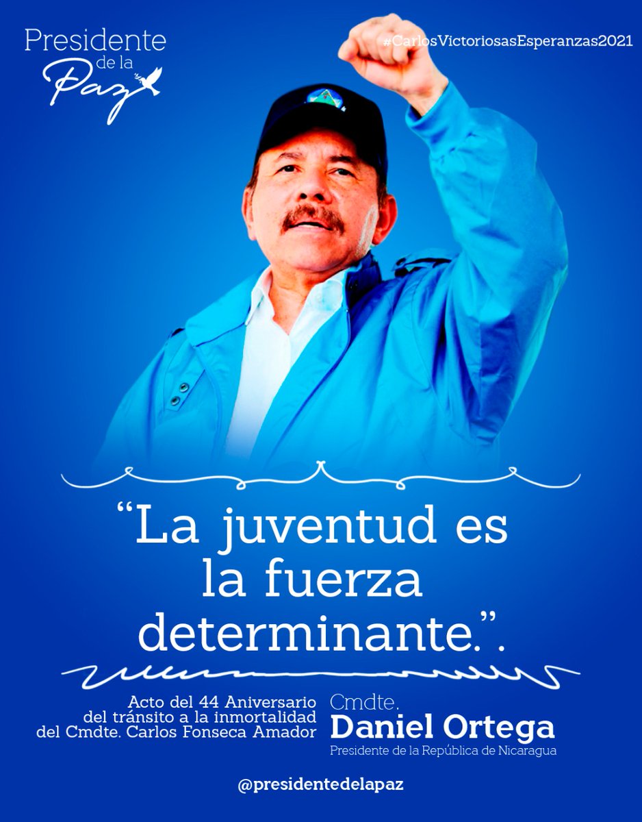 Orgullosos de tener al cmdte Daniel al frente de Nicaragua, nuestro presidente de la paz, del amor al prójimo. Dios lo continúe bendiciendo.
#EnEsperanzasVictoriosa 
#CarlosVictoriosaEsperanza2021 
<a href="/FloryCantoX/">Flor y Canto 🇳🇮</a> 
<a href="/PajaraSandinist/">Chavez</a> <a href="/ElPipeCastro1/">El Pipe Castro</a> 
<a href="/PajaraSandinist/">Chavez</a>