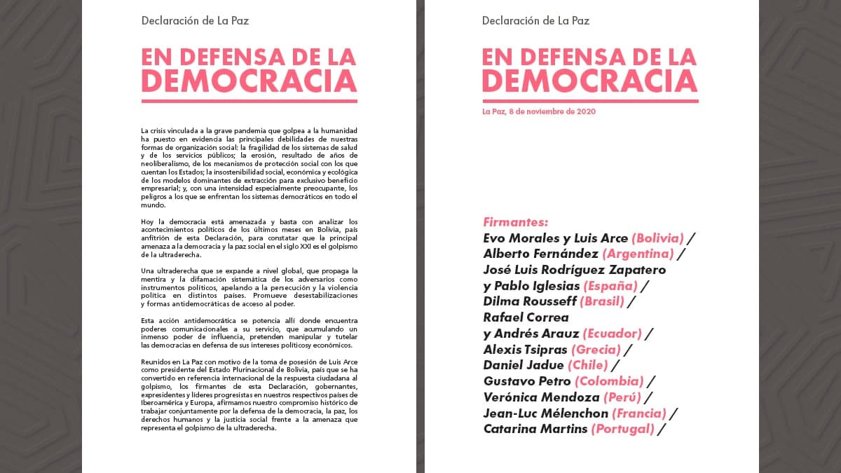 AgustinZambrana's tweet photo. 13 líderes de América y Europa de izquierda “progresista” como lo denomina Pablo Iglesias (VP de España), firman la “Declaración de La Paz, en defensa de la Democracia frente al golpismo de la ultraderecha.”

#EvoRenuncio
#ArceEsManipulable
#ChoquehuancaNoFirmo https://t.co/10AXwqftnN