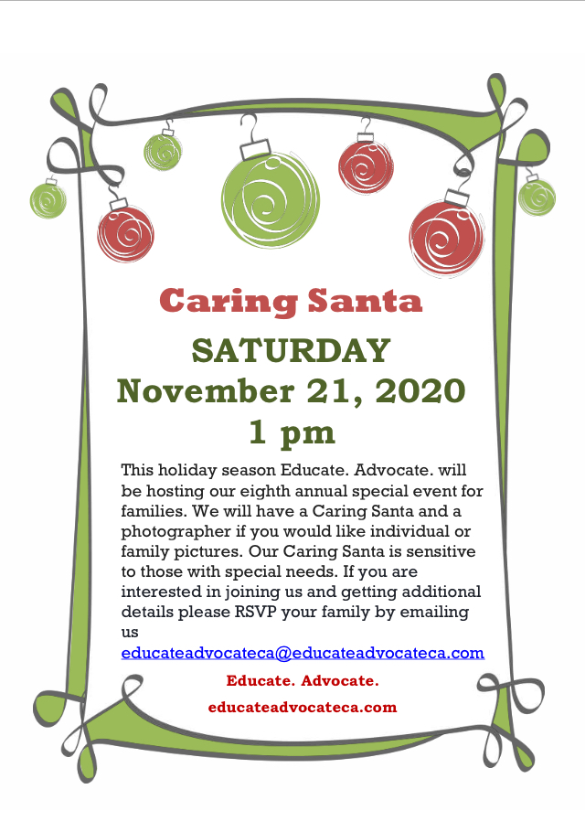 educateadvocate's tweet photo. #CaringSanta SATURDAY November 21, 2020 1 pm
We will have a Caring Santa and a photographer if you would like individual or family pictures. Our Caring Santa is sensitive to those with special needs. Email  educateadvocateca@educateadvocateca.com #christmasiscoming Location So CA https://t.co/C07GMId3lL