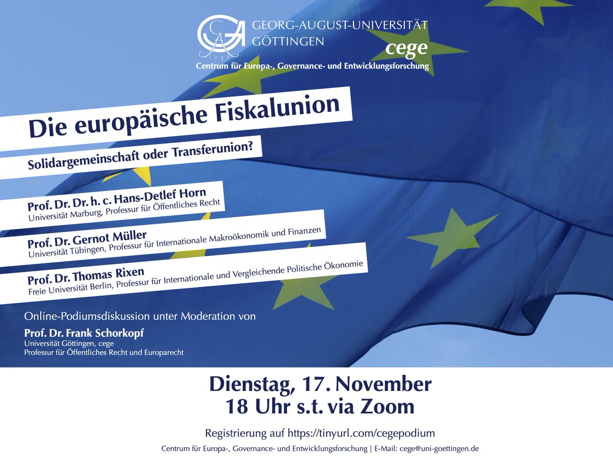 Hans-Detlef Horn, Gernot Müller und Thomas Rixen diskutieren die rechtliche, ökonomische und politikwissenschaftliche Bedeutung der vertieften finanzpolitischen Integration der EU im Zeichen von #NextGenerationEU am 17.11., 18 Uhr. Anmeldung: tinyurl.com/cegepodium