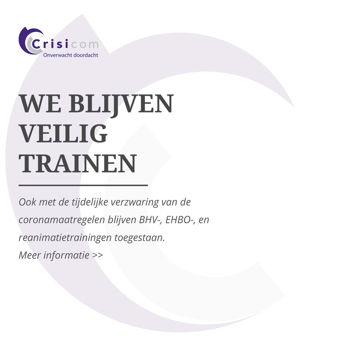 Ook met de tijdelijke verzwaring van de coronamaatregelen blijven EHBO-, BHV-, en reanimatietrainingen toegestaan. Ook nu geldt de wettelijke maar vooral ook de morele plicht om ervoor te zorgen dat de bedrijfshulpverlening op peil is. Meer informatie > bit.ly/3cKmHmKJe
