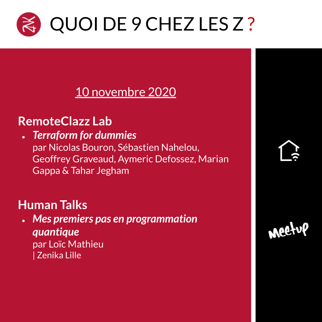 ZenikaIT's tweet photo. [#QuoiDe9]
- #RemoteClazz Lab #Terraform for dummies avec @nbouron @snahelouz @GraveaudG @ADefossez 👉 https://t.co/Cs0BcYNXiX
- @HumanTalks avec @loicmathieu 👉 https://t.co/zKdsNIE326

cc  @ZenikaLille @ZenikaBordeaux @ZenikaRennes https://t.co/G40RcjKjDE