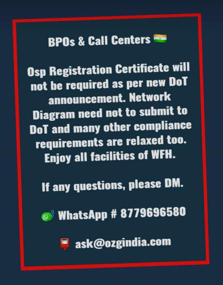 OspLicense's tweet photo. 📌 https://t.co/ETaGxuoyZk
 📌  https://t.co/T1aHim4Ntn

#OspRegistration is no more required for #BPOs #CallCenters #WorkFromHome and #workfromanywhere facilities. 

#CallCenterIndia #OspLicense #OspCompliance #OzgLaw #OspConsultant #Osp #WfhIndia #CallCenterGroup #OzgIndia https://t.co/hrrM0iWWXr