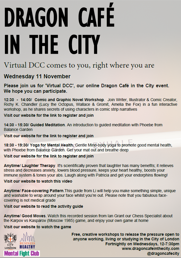 Looking for a creative way to release the pressure?

Join <a href="/dragoncafecity/">Dragon Café in the City</a> this Wednesday for free activities:

🎨Comic and graphic novel workshop
🌱Guided meditation
🧘‍♀️Yoga
😷Face covering pattern
...and more

Full programme and registration 👉bit.ly/3k87pu5