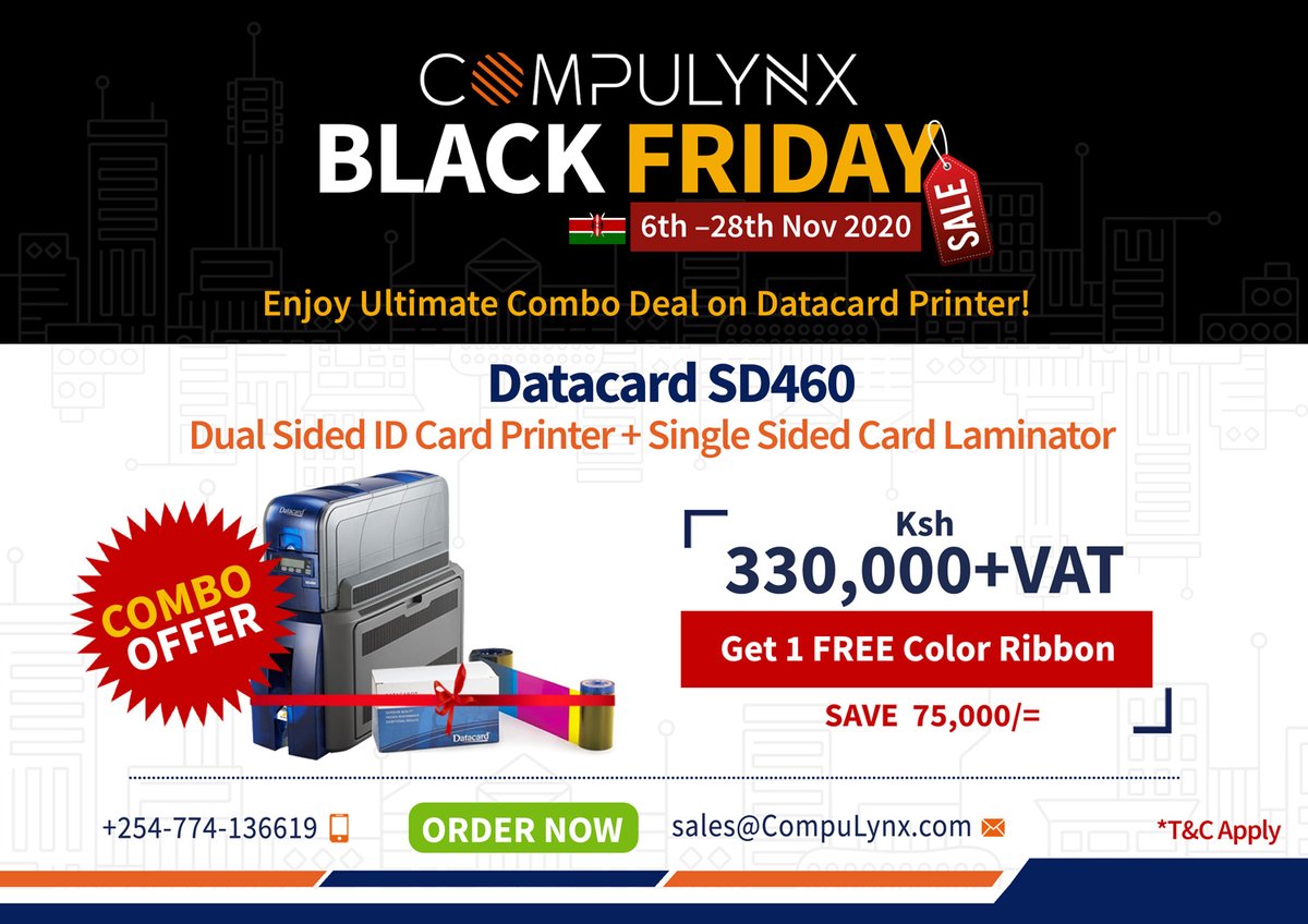 CompulynxLtd's tweet photo. Get your #BlackFriday Best Offers of the Year on #DatacardPrinters
Buy #Datacard SD460 Card Printer and ๐๐๐ญ ๐ญ ๐๐ผ๐น๐ผ๐๐ฟ ๐ฅ๐ถ๐ฏ๐ฏ๐ผ๐ป ๐
๐๐๐. Order Now! https://t.co/O5HCfqdz8E
#Universities #NGOs #Insurance #Banks #Retail https://t.co/ZdRr7TWLO2