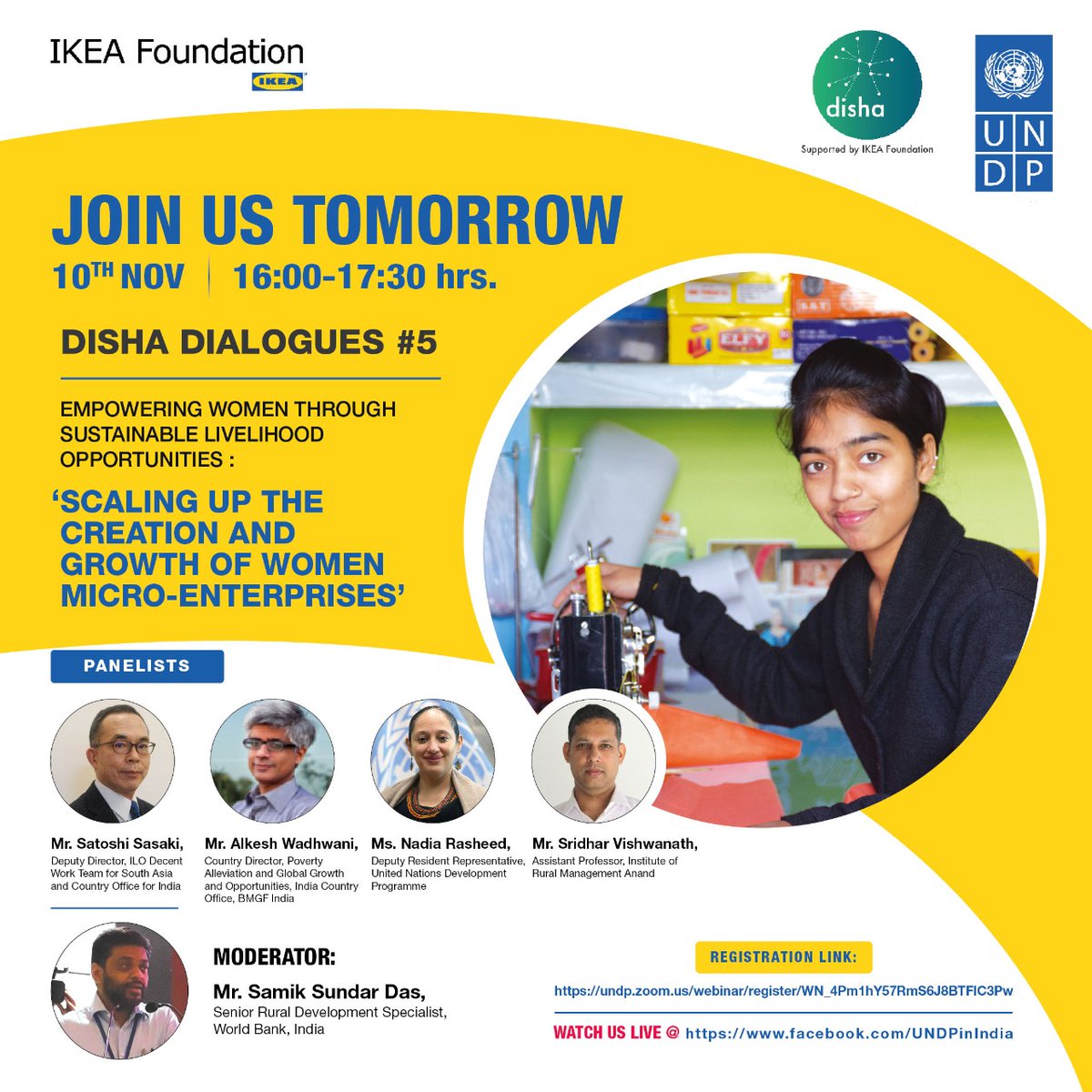 UNDP_India's tweet photo. Talking future of women micro enterprises.

Join us for our 5th #DishaDialogue w/

▶️ @NadiaRashd, @UNDP 
▶️ Satoshi Sasaki, @ILONewDelhi
▶️ Alkesh Wadhwani, @BMGFIndia
▶️ @ssdas21, @WorldBankIndia
 
Sign up 🔗: https://t.co/rfn7R0c3bY

📅: 10-11-2020 | ⏲️: 4:00 pm https://t.co/YtK7zhq0QM