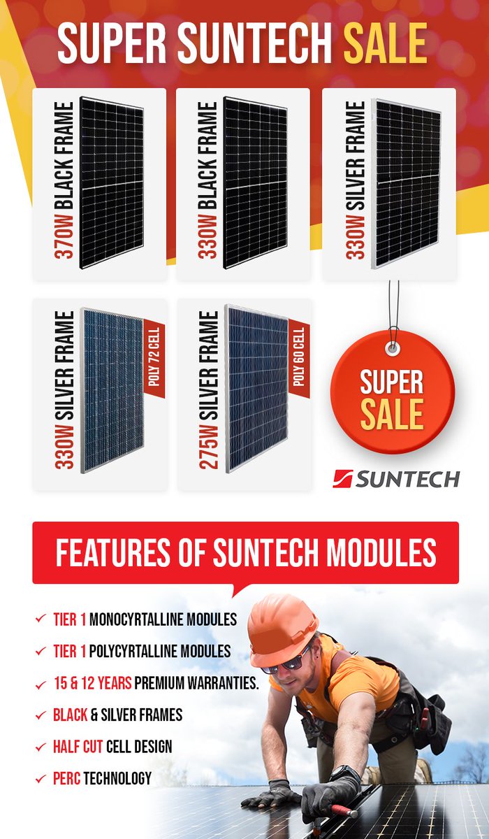 AchieversEnergy's tweet photo. Suntech Super Sale!
Lowest prices on every Suntech PV module in stock.
To grab your stock, call: 1300 224 483. https://t.co/r6q2UMeQK3