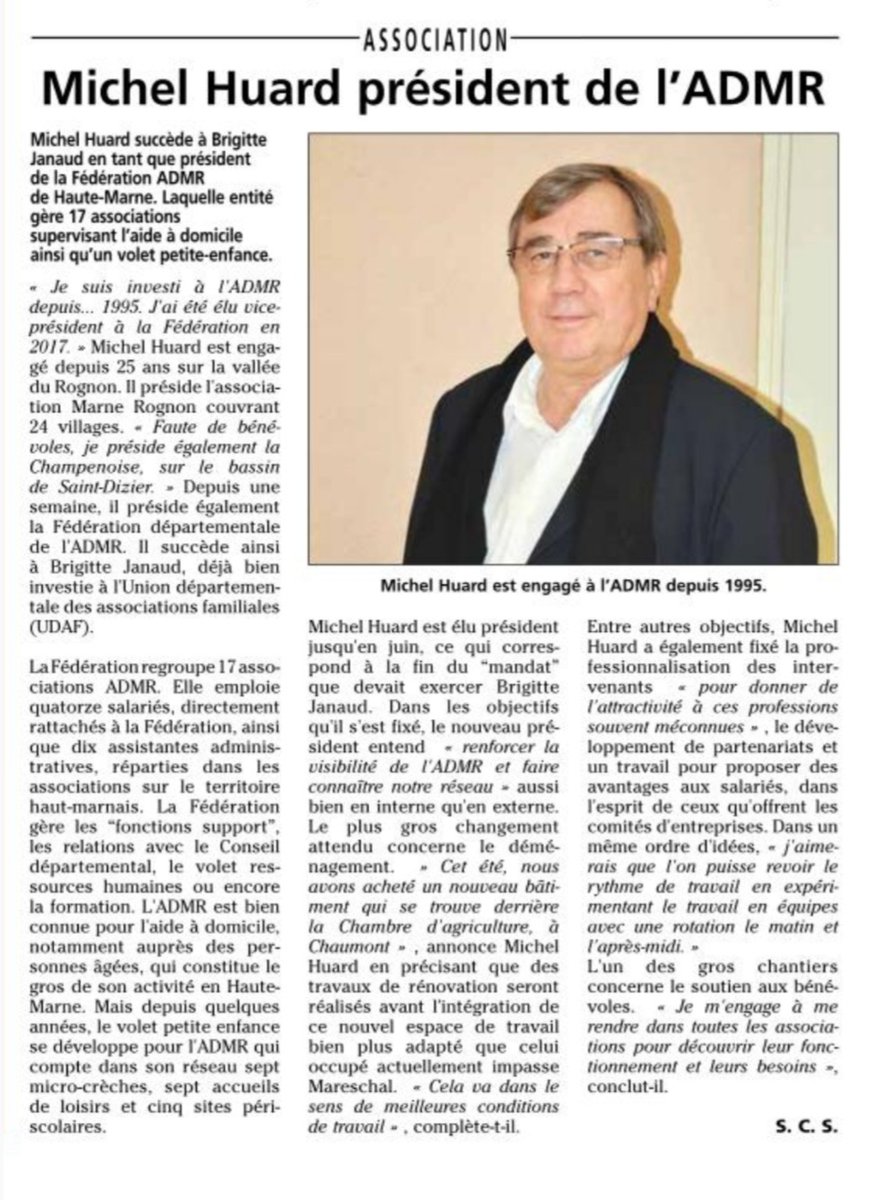HauteMarne_ADMR's tweet photo. Michel Huard a été élu Président de l'ADMR de notre département le 27 octobre dernier. Il succède ainsi à Brigitte Jannaud. Nous lui adressons nos félicitations.
(Article du Jhm du 8 novembre)
#ADMR #ADMR52 #aideadomicile #MichelHuard  #pourtoustoutelaviepartout https://t.co/MJt8i5wtNC