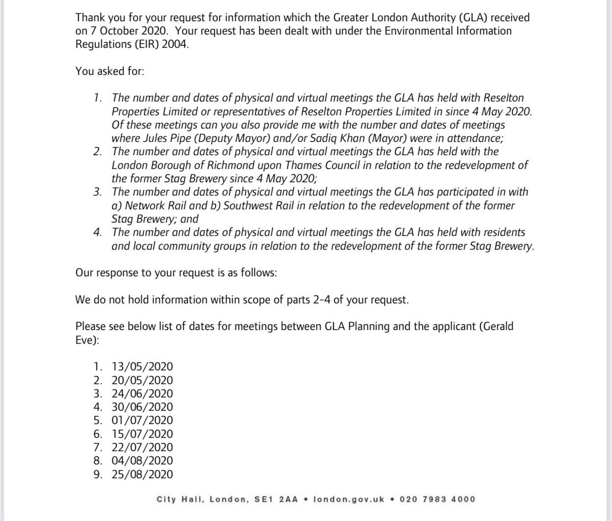 ClareDelmar's tweet photo. An FOI request to the @MayorofLondon confirmed mtgs with developer  @CityDevLtd re #StagBrewery 23 times btwn May&amp;October while refusing to meet with @mbcg. @SadiqKhan why don’t you listen to communities? @DaveHill @RossLydall @GuySmithReports @sarahjolney1 @Gareth_Roberts_ https://t.co/Pm0ykc3DUo
