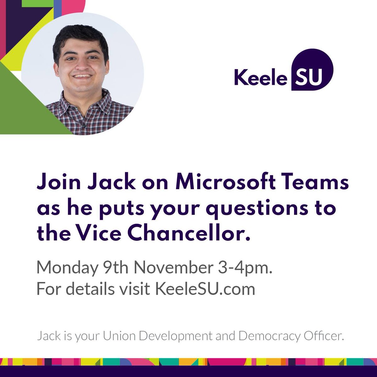 Join Jack at 3pm this evening as he puts the questions you submitted to the Vice Chancellor.
Find the Microsoft Teams link here➡️ KeeleSU.com/WhatsOn