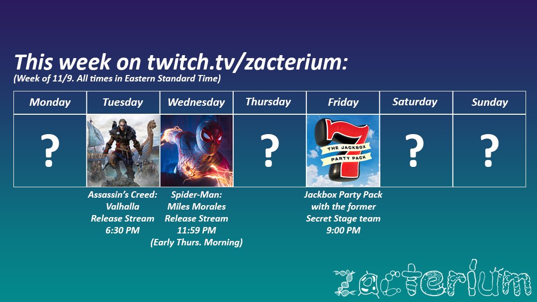 Doing fun stuff on Twitch this week! Gonna play Assassin's Creed: Valhalla tomorrow, Spider-Man: Miles Morales the second I can boot it up, and another Jackbox stream on Friday featuring @halesonair, <a href="/TheBirdFromUp/">Chris Kevin</a>, <a href="/ZeroSuitSamo/">ZeroSuitSamo</a>, <a href="/dangivesup/">Dan Fortin</a>, <a href="/OneSneekySnek/">Keenan Piche</a>, and <a href="/redpopdroptop/">🦉</a>!