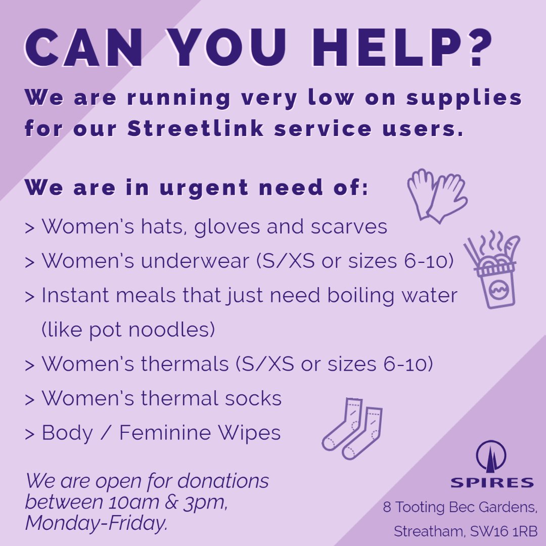 spireslondon's tweet photo. We are running low on several essential items for the Spires Streetlink service. Can you help us? https://t.co/QzuXFKcxSH