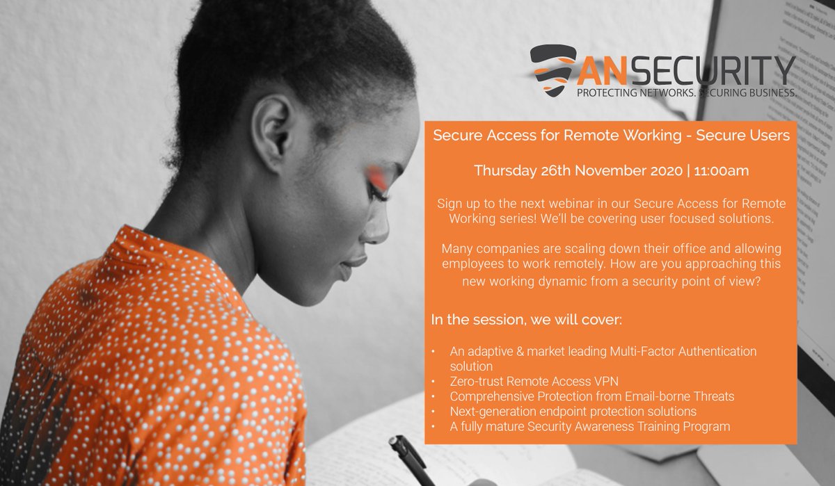 ANSecurity_UK's tweet photo. Sign up to the next webinar in our Secure Access for Remote Working series! We’ll be covering user focused solutions.

https://t.co/SGdiZmvHi5

#cybersecurity #securityawareness #endpointsecurity #emailsecurity #secureremoteworking #informationsecurity https://t.co/9z0apf8Smu