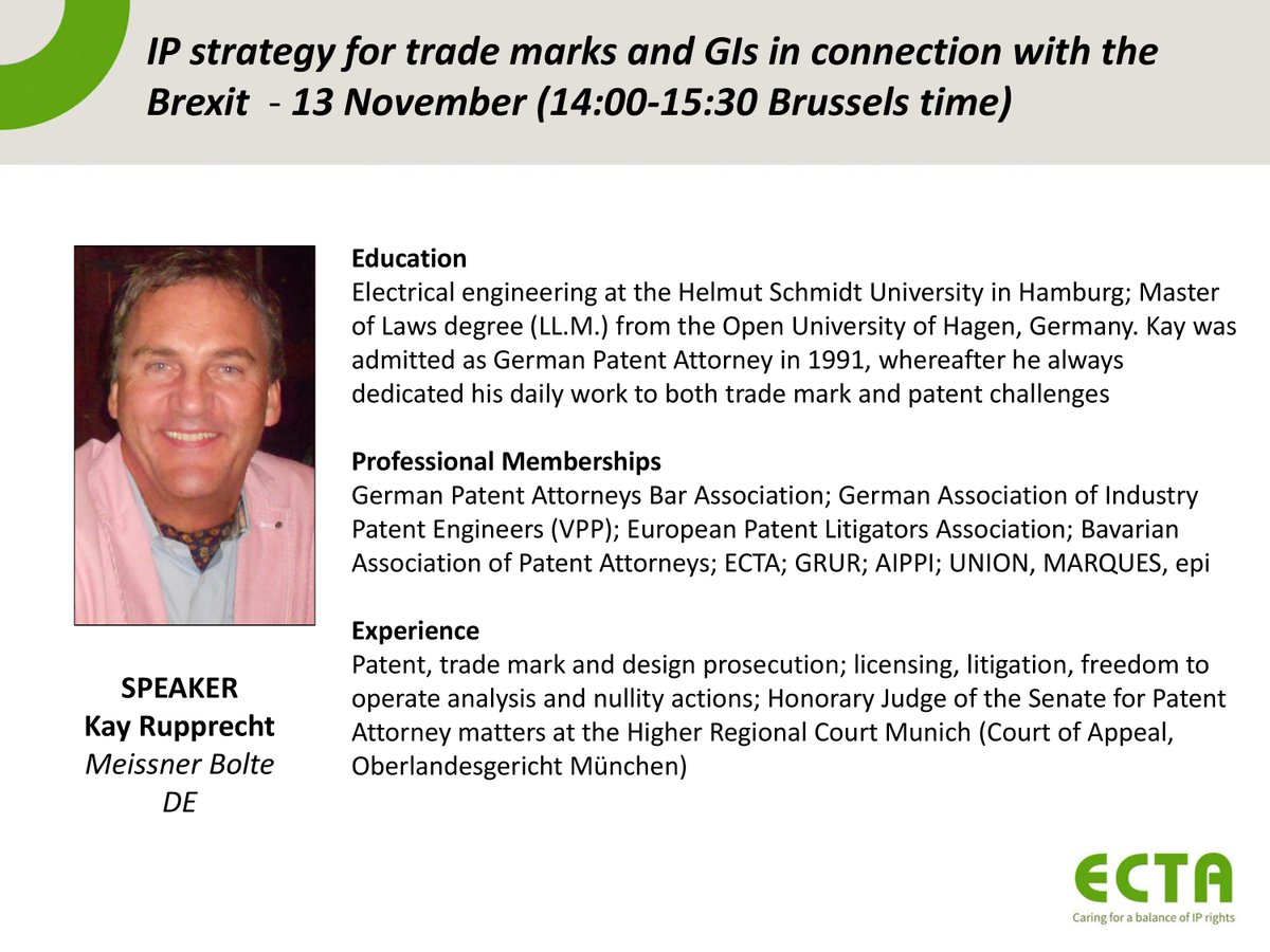 ECTABrussels's tweet photo. 🇬🇧The #BREXIT clock is ticking. Don't miss our webinar 'IP strategy for trade marks and GIs in connection with the BREXIT' (13/11)!

Among other speakers, Kay Rupprecht (Meissner Bolte, DE) will talk about some crucial issues from a EU practitioner angle. https://t.co/5XdKK25czJ https://t.co/SmsvO6ChEQ