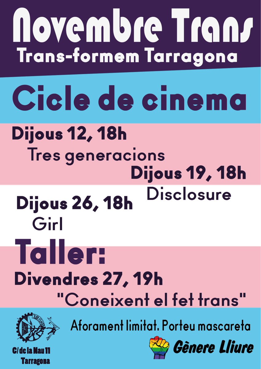 generelliure's tweet photo. Ja tenim aquí les activitats del novembre trans. Animeu-vos a participar! 🏳️⚧✊🏼
#transgenere #transexualitat #orgulltrans #20N #trans #cineforum #LGBT #GSD #generelliure #tarragona #cultura #catalunya https://t.co/i1Upt6sKBT