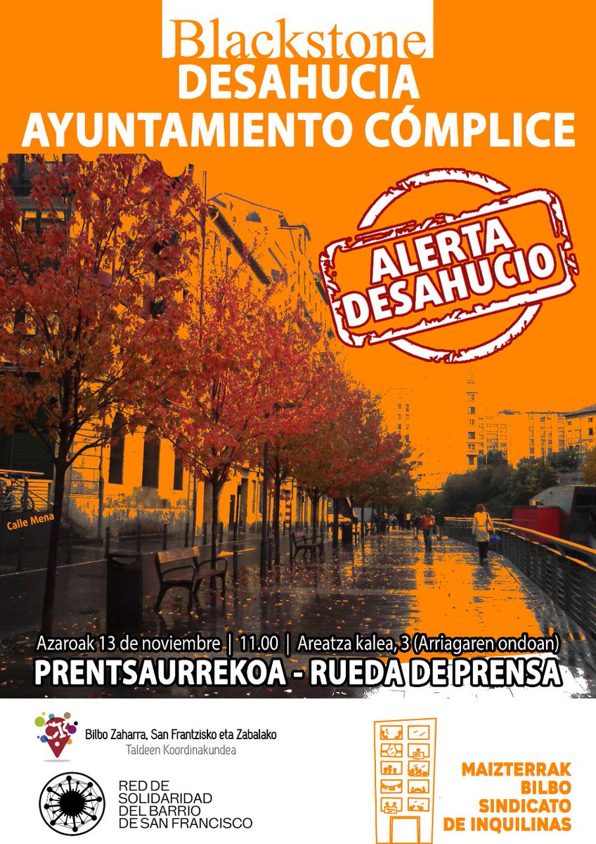 MaizterrakBilbo's tweet photo. ⚠️ADI!❌ALERTA DESAHUCIO📢
➡️ El Fondo Buitre #BLACKSTONE☠, con la complicidad del Ayt. de #Bilbao, pretende dejar en la calle el 10 de diciembre a una familia con 3 menores.

⚠️Convocamos rueda de prensa🎙junto al mov. vecinal de #SanFrancisco el viernes a las 11h🗓

➡️[HILO]👇 https://t.co/xWlCkSH8Rz