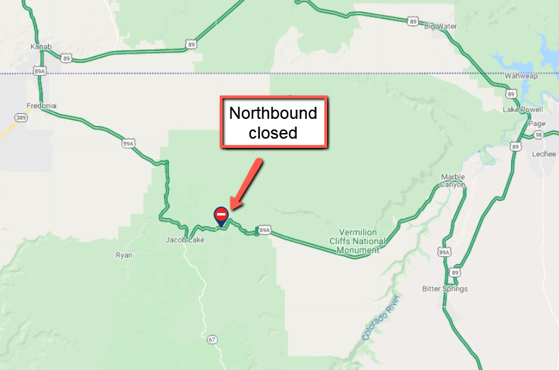 ArizonaDOT's tweet photo. *CLOSURE* *PLEASE SHARE*
US 89A northbound is CLOSED near Jacob Lake due to a disabled semi at milepost 574.
Expect delays and seek an alternate route.
There is no estimated time to reopen the highway.
#aztraffic #US89A https://t.co/zuW9RmxDe1