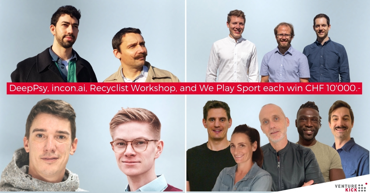 Accelerating better treatment of depression, processes of construction, upcycling fashion, and sports analytics: DeepPsy, incon.ai, Recyclist Workshop, and We Play Sport win CHF 10,000 &amp; enter Venture Kick.

Congrats, founders!
venturekick.ch/Startups-devel…

#VentureKick