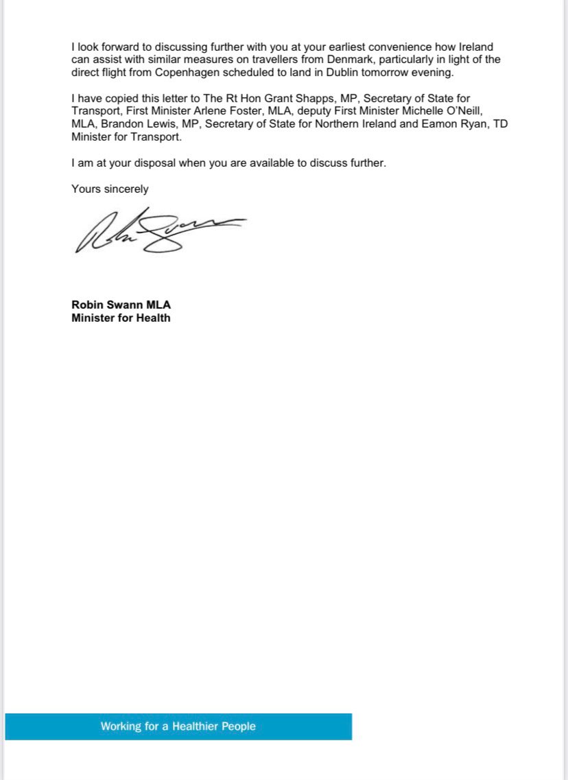 Health Minister Robin Swann calls on Republic to follow UK Demark travel ban due to new coronavirus strain