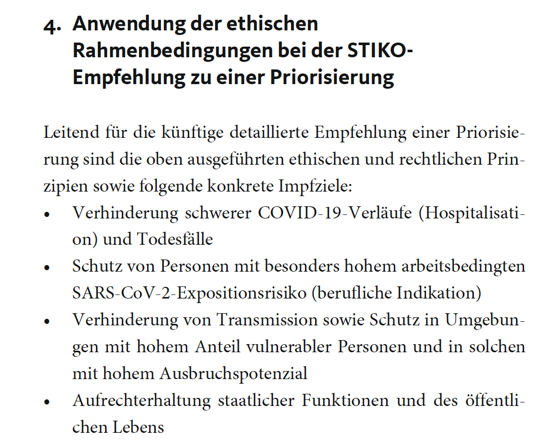 Ethische und rechtliche Prinzipien der Priorisierung künftiger #Impfstoffverteilung schlagen sich in vier Impfzielen nieder, so #STIKO, <a href="/Ethikrat/">Deutscher Ethikrat</a> und <a href="/Leopoldina/">Nationale Akademie der Wissenschaften Leopoldina</a>: