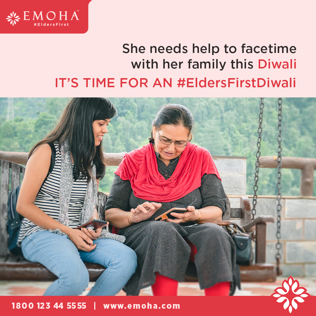 EmohaElderfirst's tweet photo. An elderโs face lights up with joy when she is speaking to her family and loved one. Drop in and help her connect to her loved ones and brighten your Diwali too! Letโs make it an #EldersFirstDiwali
#Diwali #DiwaliCelebrations #EmohaHaiNa #ElderFirst #Emoha #ElderCare #SeniorCare https://t.co/94SwJEIhYP