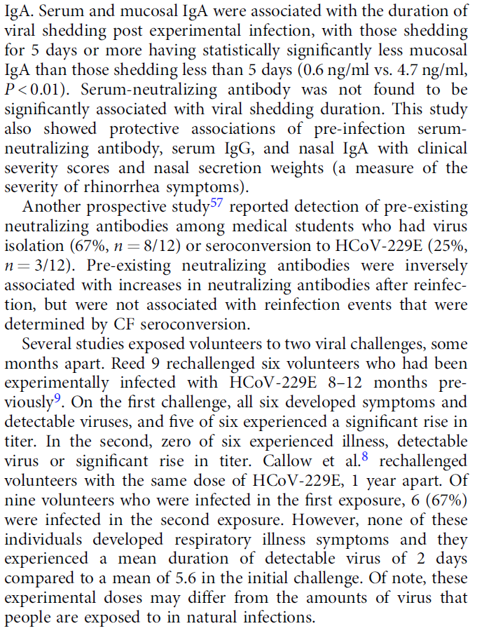 But experimental reinfections w/ seasonal coronaviruses were often less severe, raising possibility that even if previous exposure doesn't always provide long lasting sterilizing immunity it might reduce disease severity. https://www.nature.com/articles/s41467-020-18450-4