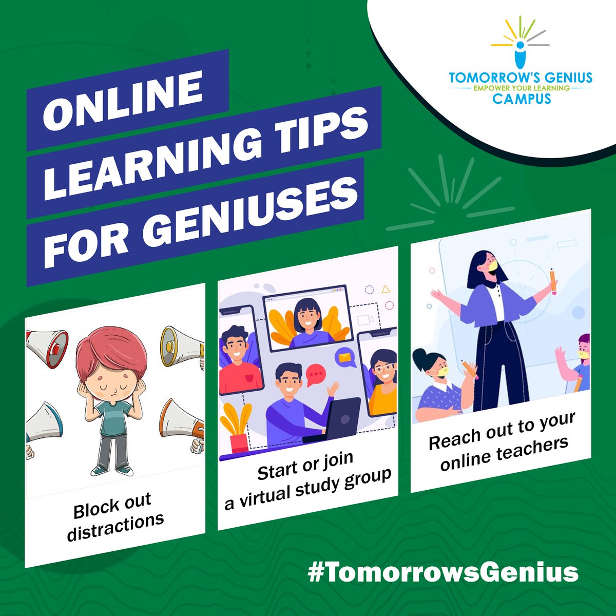 tgcampusIN's tweet photo. It is now the age of online learning and we are here to help you adapt to this new trend. Trust us, online learning is convenient in countless ways.
#TGCampus #TomorrowsGenius #OnlineLearning #TomorrowsGenius #Students #Tips https://t.co/j8nJzZs4sK