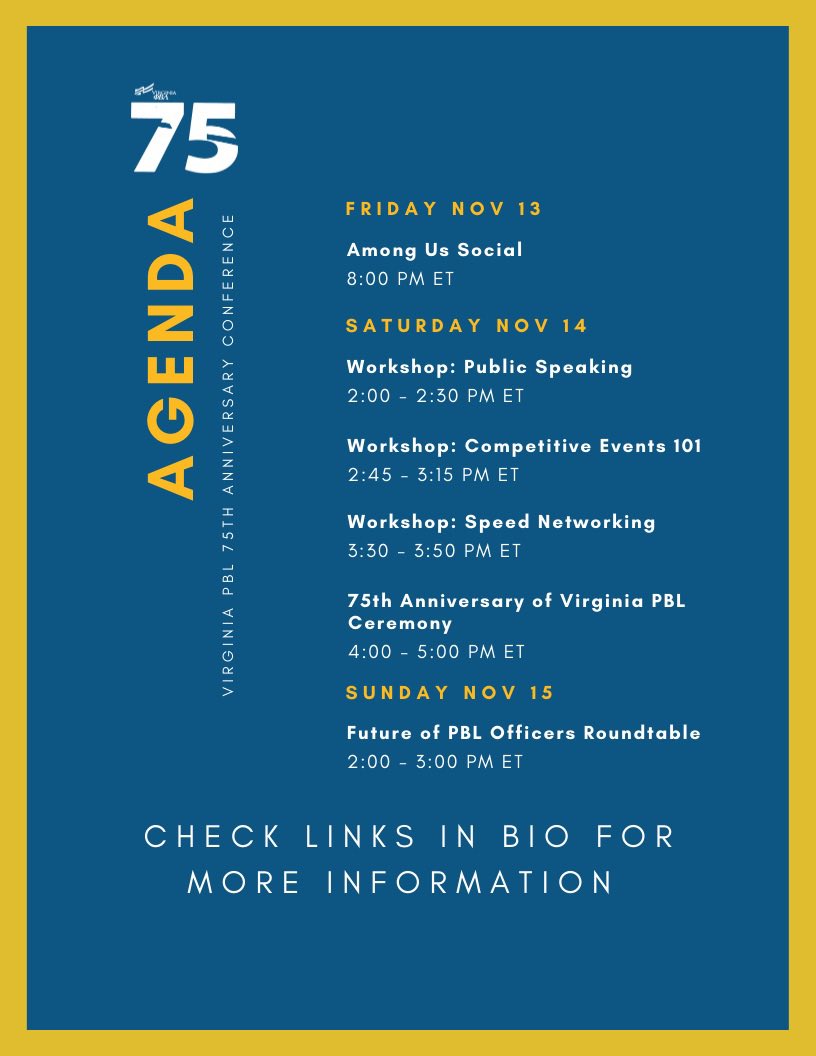 Virginia_PBL's tweet photo. We are so excited for #VAPBL75 Conference this weekend! Let your chapter know and check link in bio to register. Registration is free! Non-VA PBL members and Alumni are welcomed to the Ceremony this Saturday! #VirginiaPBL https://t.co/TqoAEDDePs
