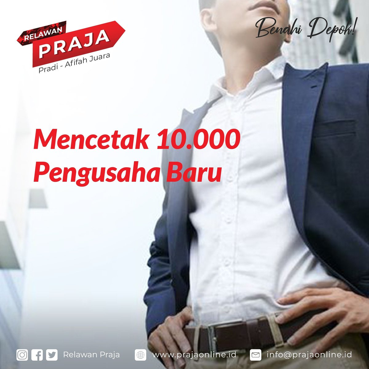RelawanPraja's tweet photo. Prioritas untuk usaha kerja menjadi tantangan.

Jika ingin perubahan di Depok, Bang @pradi_supriatna &amp; Bu @afifahalia.official menjadikan mencetak 10.000 pengusaha baru untuk dijadikan 11 Program Unggulan jika terpilih nanti.

Harapan dan perubahan itu ada. https://t.co/IhpY6bJMuw