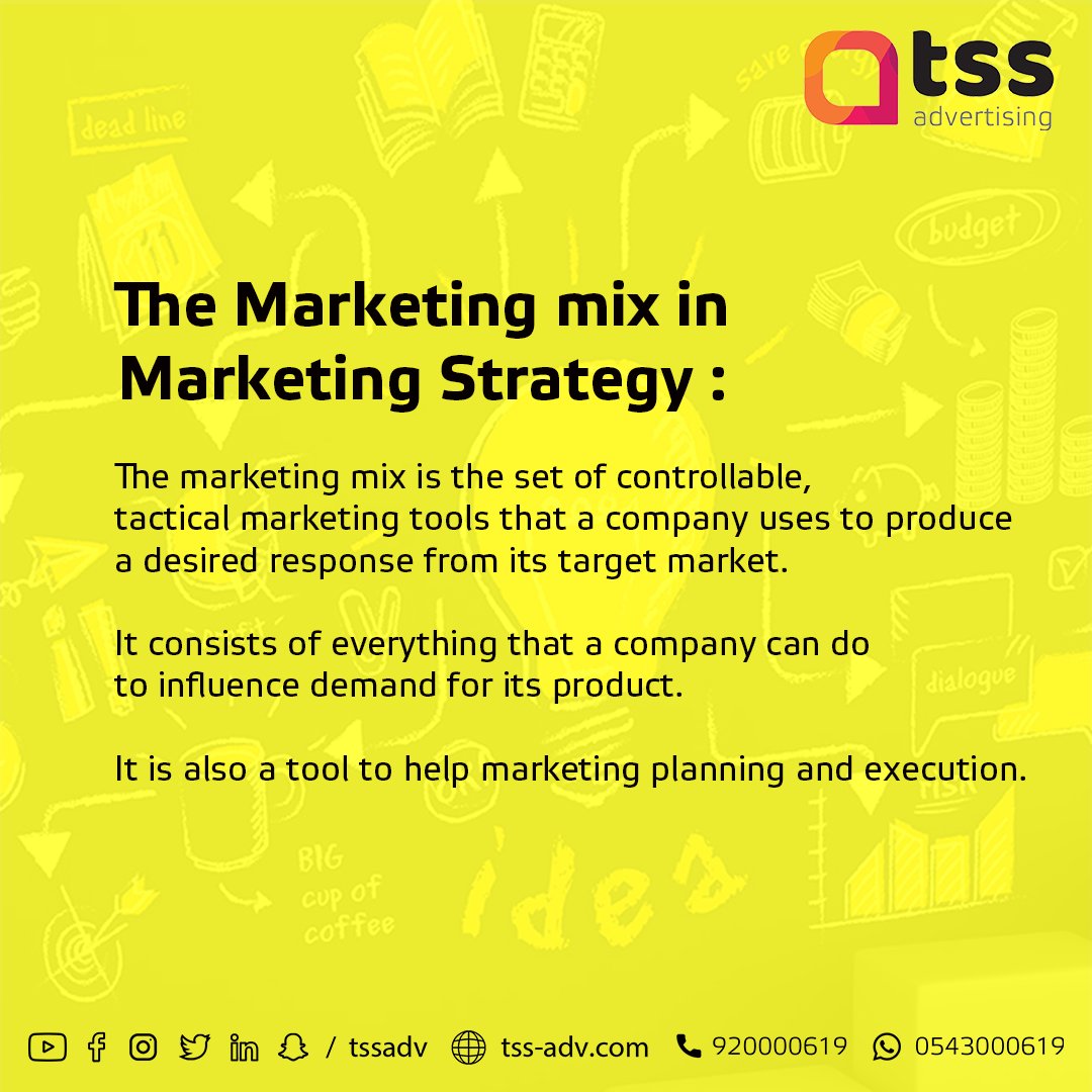 tssadv's tweet photo. All the elements of the marketing mix influence each other. They make up the business plan for a company and handled right, can give it great success.
#marketingmix #brandingandmarketing #promotionadvertising #marketingideas #marketingstrategy #Marketinggoals https://t.co/QbrJbG30ec