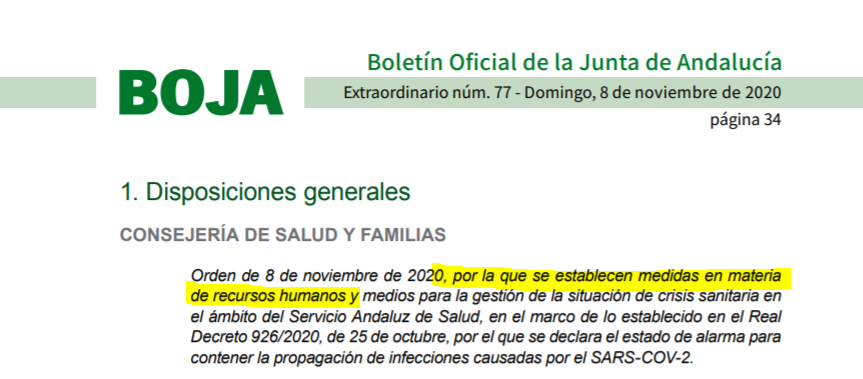 jimolinaarroyo's tweet photo. Entre las novedades en el #BOJA de ayer, una muy triste:
La lucha #COVID19 d la #SanidadPublica en #Andalucía se hace anulando los #derechos de sus profesionales, modificando unilateralmente sus condiciones de trabajo, por si no tenían bastante...
De reforzar las plantillas, nada https://t.co/CQ81NjeOCW