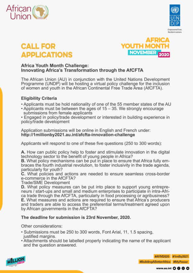 AUYouthProgram's tweet photo. Today we kick off the #AYM2020 Entrepreneurship week with an exciting policy challenge! 😃

Are you a young innovator in the policy development space? 
If so, this one is for you! Make sure to head over to https://t.co/Ki7LZn8ZuZ and apply! #BuildingABetterAfrica #MyPower https://t.co/yaRWoTA03u
